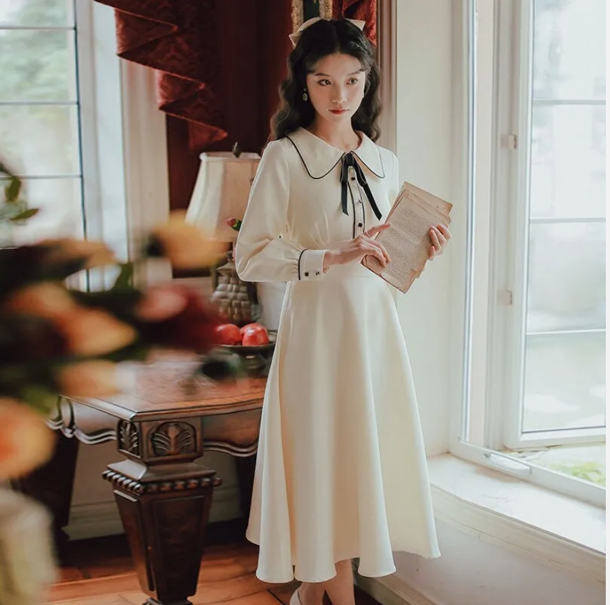 Vintage Solid Long Sleeve Bow Peter Pan Collar Woman Dress for Preppy StyleDress